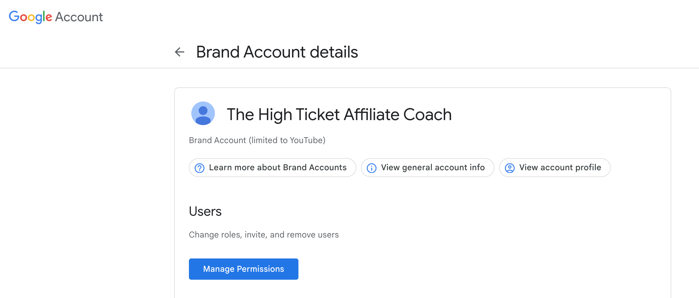 YouTube brand account manage permissions